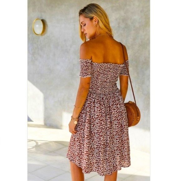Brown Floral Smocked Off the Shoulder Midi Dress - Picture 2 of 3